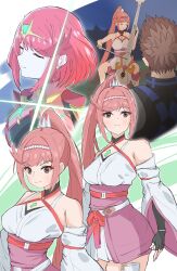Rule 34 | 1boy, 2girls, absurdres, bare shoulders, blunz, bob cut, breasts, brown hair, chest jewel, closed eyes, core crystal (xenoblade), glimmer (xenoblade), high ponytail, highres, holding, holding instrument, instrument, japanese clothes, kimono, large breasts, long hair, multiple girls, off shoulder, pink eyes, pink hair, pyra (xenoblade), red hair, rex (xenoblade), short hair, swept bangs, tiara, very short hair, violin, white kimono, xenoblade chronicles (series), xenoblade chronicles 3, xenoblade chronicles 3: future redeemed
