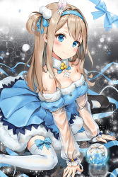 Rule 34 | 1girl, absurdres, bad id, bad pixiv id, bare shoulders, blue bow, blue dress, blue eyes, blue hairband, blue ribbon, blush, bow, breasts, cleavage, closed mouth, collarbone, commentary, detached sleeves, dot nose, dress, fur-trimmed dress, fur trim, girls&#039; frontline, hair ornament, hair ribbon, hairband, highres, kian, long hair, long sleeves, looking at viewer, medium breasts, official alternate costume, revision, ribbon, sidelocks, sleeveless, sleeveless dress, smile, snowflake hair ornament, solo, suomi (girls&#039; frontline), suomi (korvatunturi pixie) (girls&#039; frontline), thighhighs, white thighhighs