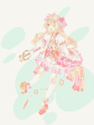 Rule 34 | 1girl, blonde hair, bloomers, chaos marie (grimms notes), dress, full body, grimms notes, hair ribbon, heart, heart-shaped pupils, long hair, n2z, open mouth, pink eyes, puffy sleeves, red footwear, ribbon, shoe soles, shoes, smile, solo, symbol-shaped pupils, underwear, wand, weapon