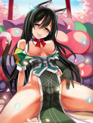 Rule 34 | 10s, 1girl, 7 (vin), animal ears, arm at side, bare legs, bed, bed sheet, black gloves, black hair, breasts, breasts out, cameltoe, cat ears, cat tail, chikuma (kancolle), cleft of venus, condom, condom in mouth, condom wrapper, dog ears, fat mons, gloves, hand on leg, kantai collection, kemonomimi mode, large breasts, long hair, looking at viewer, lying, mouth hold, nipples, no bra, no panties, on back, open clothes, pelvic curtain, pussy, side slit, single glove, skirt, skirt set, solo, tail, yellow eyes