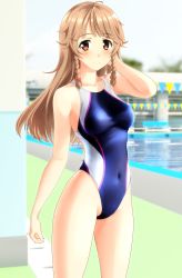 Rule 34 | 1girl, absurdres, antenna hair, arm at side, arm behind head, bench, black one-piece swimsuit, blue one-piece swimsuit, blue sky, blunt bangs, blurry, blurry background, blush, braid, breasts, brown eyes, brown hair, closed mouth, cloud, collarbone, commentary request, competition swimsuit, covered navel, cowboy shot, day, depth of field, flipped hair, groin, hair ribbon, hand up, high school fleet, highleg, highleg swimsuit, highres, legs apart, light smile, long hair, looking at viewer, medium breasts, nosa kouko, one-piece swimsuit, orange eyes, outdoors, parted bangs, pool, poolside, red ribbon, reflection, ribbon, side braids, sky, smile, solo, standing, straight hair, string of flags, swimsuit, takafumi, taut clothes, taut swimsuit, thighs, tree, twin braids, water