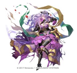 Rule 34 | 1girl, alternate costume, armor, bare shoulders, between breasts, book, breasts, camilla (alluring darkness) (fire emblem), camilla (fire emblem), cleavage, copyright name, detached sleeves, dress, female focus, fire emblem, fire emblem fates, fire emblem heroes, frilled dress, frills, full body, gloves, hair over one eye, holding, holding book, large breasts, long hair, looking at viewer, nintendo, official alternate costume, okuma mai, pantyhose, petals, purple eyes, purple gloves, purple hair, purple pantyhose, smile, solo, tiara, torn clothes, torn pantyhose, very long hair, wavy hair