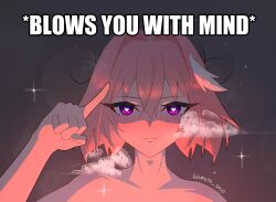 Rule 34 | 1boy, alternate hair length, alternate hairstyle, androgynous, artist name, astolfo (fate), bismuth soup, black bow, blows up pancakes with mind (meme), blush, bow, closed mouth, english text, fang, fate/apocrypha, fate (series), finger to head, hair between eyes, hair bow, hair intakes, hand up, heart, heart-shaped pupils, highres, impact (font), implied fellatio, long eyelashes, male focus, meme, multicolored hair, nude, pink hair, portrait, purple eyes, reddit username, short hair, skin fang, solo, sparkle, star (sky), steam, streaked hair, symbol-shaped pupils, twitter username, white hair