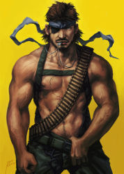 Rule 34 | 1boy, abs, bara, bare pectorals, beard, big boss, brown hair, clothes pull, commentary request, dark-skinned male, dark skin, dog tags, eyepatch, facial hair, headband, konami, male focus, mature male, metal gear (series), mouth hold, muscular, muscular male, navel, navel hair, nick300, nipples, pants, pants pull, pectorals, pulled by self, short hair, solo, stomach, topless male, wind