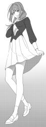 Rule 34 | 1girl, :3, aconitea, blush, clothes lift, finger to mouth, from below, gradient background, greyscale, halftone, highres, long hair, looking at viewer, monochrome, original, school uniform, skirt, skirt lift, solo
