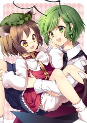 Rule 34 | 2girls, :3, animal ears, antennae, argyle, argyle background, argyle clothes, bad id, bad pixiv id, bloomers, brown eyes, brown hair, cape, cat ears, cat girl, cat tail, chen, child, earrings, eye contact, fang, female focus, green eyes, green hair, hand on another&#039;s cheek, hand on another&#039;s face, hat, highres, jewelry, looking at another, masaru.jp, multiple girls, multiple tails, open mouth, reverse trap, short hair, single earring, sitting, sitting on lap, sitting on person, smile, tail, touhou, underwear, wriggle nightbug, yellow eyes