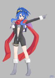 Rule 34 | 10s, 1girl, :d, arm up, backpack, bag, bat wings, blue eyes, blue hair, blush, bodysuit, boots, female focus, flat chest, gloves, goggles, goggles on head, gust, long hair, matching hair/eyes, miamisiki, navel, neptune (series), nippon ichi, nippon ichi (neptunia), open mouth, pointing, randoseru, sarashi, scarf, sega, simple background, smile, solo, teeth, tongue, unzipped, wings