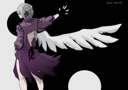Rule 34 | 1girl, absurdres, angel wings, braid, dress, feathered wings, fingerless gloves, full moon, gloves, highres, kishin sagume, ma (22mabo), moon, outstretched arm, purple dress, single wing, solo, touhou, white wings, wings