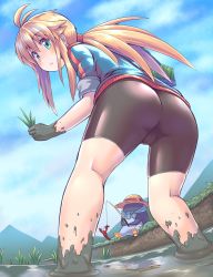 Rule 34 | 1girl, ahoge, ass, bike shorts, bird, blonde hair, cloud, day, dirty, fishing, fishing rod, from behind, from below, green eyes, hat, highres, jacket, kneepits, koshirae tsurugi (m.m), leaning forward, legs, lobster, long hair, looking back, looking down, m.m, mud, open mouth, original, outdoors, penguin, ponytail, rice paddy, shorts, sky, sleeves rolled up, sun hat