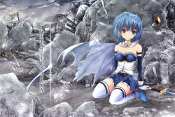 Rule 34 | 10s, 1girl, bare shoulders, blue hair, broken, cape, dress, full body, gloves, mahou shoujo madoka magica, mahou shoujo madoka magica (anime), miki sayaka, sad, shoes, short hair, sitting, solo, sword, tears, thighhighs, weapon, white thighhighs, windfeathers