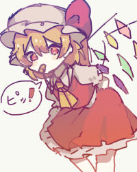 Rule 34 | 1girl, ascot, blonde hair, cowboy shot, crystal wings, dress, flandre scarlet, frills, hat, hat ribbon, highres, leaning forward, mob cap, red dress, red eyes, red ribbon, ribbon, rokka (rokka937), simple background, solo, speech bubble, touhou, white background, yellow ascot