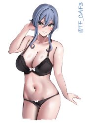 1girl absurdres alternate_costume black_bra black_panties blue_hair bra breasts collarbone commentary_request cowboy_shot gotland_(kancolle) grey_eyes grin highres kantai_collection large_breasts medium_hair mole mole_under_eye navel one-hour_drawing_challenge panties simple_background smile solo stomach tf_cafe twitter_username underwear underwear_only white_background