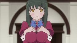 Rule 34 | 1girl, animated, animated gif, black hair, bouncing breasts, breasts, breasts out, flashing, ladies versus butlers!, large breasts, long hair, looking at viewer, nipples, no bra, open clothes, pinky out, shikikagami saori, smile, solo, upper body, yellow eyes