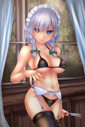 Rule 34 | 1girl, bare arms, bare shoulders, between fingers, black bra, black thighhighs, blue eyes, blush, bow, bra, braid, breasts, collarbone, commentary request, cowboy shot, curtains, garter belt, green bow, hair between eyes, hair bow, highres, holding, holding knife, holding weapon, indoors, izayoi sakuya, knife, knives between fingers, large breasts, looking at viewer, maid headdress, navel, parted lips, short hair, shounen (hogehoge), silver hair, solo, standing, stomach, thighhighs, thighs, touhou, twin braids, underwear, underwear only, weapon, window
