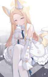 Rule 34 | 1girl, animal, animal ears, bare shoulders, bird, blonde hair, blue archive, checkered floor, closed mouth, detached sleeves, dress, flat chest, fox ears, fox tail, halo, highres, long hair, seia (blue archive), serika, sleeves past fingers, sleeves past wrists, smile, solo, tail, very long hair, white bird, white dress, white sleeves, yellow eyes, yellow halo