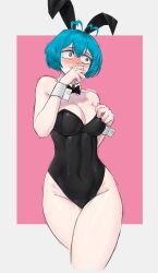 Rule 34 | 1girl, bad tag, black clover, black dress, blue eyes, blue hair, blush, breasts, bunny girl, curv, curvy, dress, grey (black clover), hand on mouth, hands on breasts, hands up, leotard, limn044, looking away, navel, neckwear, nervous, pink background, playboy bunny, rabbit ears, shiny skin, short hair, shy, simple background, solo, thick thighs, thighs, timid, trembling, white background, wristwear
