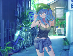 Rule 34 | 1girl, absurdres, air conditioner, bare arms, bare shoulders, blue eyes, blue hair, blue shorts, blunt bangs, breasts, building, cleavage, closed mouth, contrapposto, cowboy shot, day, fingernails, hair bobbles, hair ornament, hand up, highres, house, kawashiro nitori, key, kiritanpo117, light blush, long hair, looking at viewer, medium breasts, midriff, motor vehicle, motorcycle, navel, outdoors, shorts, sidelocks, smile, solo, tank top, touhou, two side up