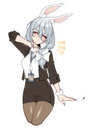 Rule 34 | 1girl, absurdres, animal ear fluff, ass, black jacket, black skirt, blue hair, blue nails, blush, bow, collared shirt, cropped legs, dress shirt, grey choker, hair between eyes, hair bow, hair over shoulder, highres, hololive, id card, jacket, lanyard, long hair, long sleeves, nail polish, open clothes, open jacket, pantyhose, parted lips, pencil skirt, rabbit girl, red eyes, shirt, simple background, skirt, solo, thick eyebrows, unexistarts, usada pekora, v-shaped eyebrows, virtual youtuber, white background, white bow, white shirt