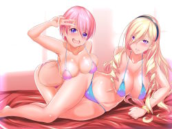 Rule 34 | 10s, 2girls, all fours, arm support, bikini, blonde hair, blue eyes, blush, breasts, celia kumani entory, cleavage, drill hair, hairband, kisaki mio, kurorettsu, large breasts, long hair, looking at viewer, multiple girls, o-ring, o-ring bottom, o-ring top, open mouth, parted lips, pink hair, purple eyes, salute, shiny skin, short hair, skindentation, smile, swimsuit, v, walkure romanze