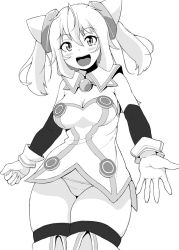 Rule 34 | 1girl, ahoge, blush, breasts, brooch, cleavage, clothing request, commentary request, cowboy shot, dot nose, elbow gloves, gloves, greyscale, hacka doll, hacka doll 1, hair between eyes, hair ornament, head tilt, highres, jewelry, looking at viewer, medium hair, monochrome, open mouth, panties, shadow, shigekikkusu, solo, thighhighs, twintails, underwear, white background, wing collar, zettai ryouiki