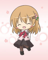 Rule 34 | 1girl, :d, ^ ^, black footwear, black skirt, blush stickers, brown hair, brown pantyhose, chibi, closed eyes, commentary request, facing viewer, flower, full body, gochuumon wa usagi desu ka?, hair between eyes, hair ornament, hairclip, hoto cocoa, long hair, long sleeves, open mouth, pantyhose, pink background, pink flower, pink vest, pleated skirt, rabbit house uniform, ri-net, shirt, shoes, skirt, smile, solo, standing, standing on one leg, uniform, vest, white shirt