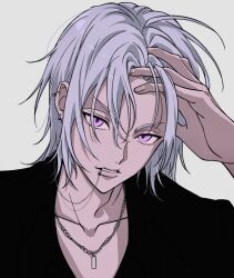 Rule 34 | 1boy, bishounen, black shirt, collarbone, commentary request, ear piercing, grey hair, hand in own hair, highres, jewelry, lip piercing, looking at viewer, male focus, necklace, piercing, pink eyes, shirt, short hair, silver (twisted wonderland), simple background, twisted wonderland, udonh, upper body, white background