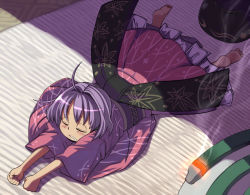 Rule 34 | 1girl, ahoge, barefoot, blush, bowl, bowl hat, clenched hand, closed eyes, commentary request, hat, unworn hat, unworn headwear, japanese clothes, kimono, mosquito coil, purple hair, saliva, sleeping, smoke, solo, sukuna shinmyoumaru, syope, tatami, touhou