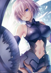 Rule 34 | 1girl, armor, armored leotard, artist name, backlighting, bare shoulders, black armor, black leotard, breasts, clothing cutout, commentary request, cowboy shot, elbow gloves, fate/grand order, fate (series), faulds, gloves, glowing, gluteal fold, groin tendon, hagino kouta, hair over one eye, halterneck, highres, hip focus, holding, holding shield, impossible clothes, impossible leotard, large breasts, legs apart, leotard, light purple hair, looking at viewer, mash kyrielight, navel, navel cutout, parted lips, purple eyes, revision, shield, short hair, skin tight, solo, standing, straight hair, thigh strap, thighs, turtleneck