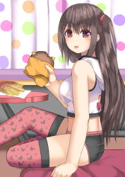 Rule 34 | 1girl, ass, bare arms, bare shoulders, black hair, breasts, brown eyes, burger, closed mouth, commentary request, curtains, fast food, feet out of frame, food, french fries, from side, hair between eyes, holding, holding food, hood, hoodie, indoors, looking at viewer, looking to the side, medium breasts, multicolored polka dots, one side up, original, polka dot, print thighhighs, red thighhighs, sleeveless, sleeveless hoodie, solo, table, thighhighs, tongue, tongue out, tukino neru, v-shaped eyebrows, white hoodie