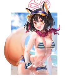 Rule 34 | 1girl, :d, animal ears, bad id, bad twitter id, bare shoulders, bikini, blue archive, blue shorts, breasts, cowboy shot, cutoffs, dano, denim, denim shorts, fang, fox ears, fox girl, fox tail, halo, halterneck, highleg, highleg bikini, izuna (blue archive), izuna (swimsuit) (blue archive), looking at viewer, m/, medium breasts, micro shorts, navel, neckerchief, one side up, open mouth, scrunchie, short hair, short shorts, shorts, smile, solo, standing, stomach, strap gap, string bikini, striped bikini, striped clothes, swimsuit, tail, visor cap, wrist scrunchie