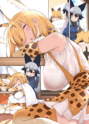 Rule 34 | 3girls, :3, :d, adapted costume, alternate breast size, animal ear fluff, animal ears, black gloves, black jacket, black neckwear, blonde hair, bow, bowtie, breasts, closed eyes, commentary, cup, drinking glass, drinking straw, elbow gloves, extra ears, ezo red fox (kemono friends), finger to mouth, fox ears, gloves, grey hair, hair between eyes, hayashi (l8poushou), highres, indoors, jacket, kemono friends, large breasts, multicolored hair, multiple girls, ok sign, open mouth, orange eyes, orange jacket, pantyhose, pillow, print gloves, print legwear, print skirt, serval (kemono friends), serval print, shushing, silver fox (kemono friends), skirt, sleeping, smile, suspender skirt, suspenders, table, thighhighs, triangle mouth, wooden floor