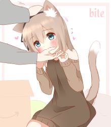 Rule 34 | 1girl, animal ears, biting, blue eyes, blush, box, brown hair, cardboard box, cat ears, cat girl, cat tail, dress, hair between eyes, hair ornament, heart, nibbling, non (wednesday-classic), original, simple background, solo focus, sweater, sweater dress, tail