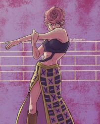 Rule 34 | 1girl, artist name, atomikats, bandeau, black bandeau, boots, commentary, english commentary, feet out of frame, highres, jojo no kimyou na bouken, looking at viewer, math, pink hair, pompadour, purple background, short hair, side slit, skirt, solo, stretching, trish una, vento aureo