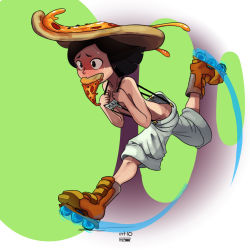 Rule 34 | 1girl, bad id, bad tumblr id, baggy shorts, black eyes, black hair, blush, bob cut, cheese, collaboration, colorized, downpants, dripping, food, food in mouth, food on head, full-face blush, highres, inline skates, late for school, mouth hold, naked overalls, object on head, olive, original, overalls, oversized clothes, parody, pepperoni, pizza, polyle, roller skates, roni rollerblader, running, short hair, shorts, skates, solo, suspenders, sweatdrop, swept bangs, topless