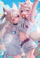 Rule 34 | 2girls, absurdres, ahoge, animal ear fluff, animal ears, arm up, artist request, belt, blonde hair, blue eyes, blue hair, blush, breasts, chain, cloud, collar, dog ears, dog girl, dog tail, doughnut, dress, food, frills, fuwawa abyssgard, fuwawa abyssgard (1st costume), hair between eyes, headband, highres, hololive, hololive english, large breasts, long hair, long sleeves, midriff, mococo abyssgard, mococo abyssgard (1st costume), multicolored hair, multiple girls, nail polish, navel, one eye closed, red eyes, red hair, sharp teeth, shoes, short hair, short sleeves, shorts, siblings, single thighhigh, sneakers, streaked hair, tail, teeth, thighhighs, twins, two-tone hair, two side up, virtual youtuber