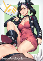 Rule 34 | 1girl, aqua eyes, black hair, black jacket, black nails, boots, breasts, butt crack, choker, cleavage, creatures (company), dress, earrings, femdom, game freak, hair ribbon, high heel boots, high heels, jacket, jewelry, looking at viewer, marnie (pokemon), medium breasts, nail polish, neoartcore, nintendo, parted lips, pink dress, pokemon, pokemon swsh, ribbon, short twintails, slap mark, solo, stepped on, twintails