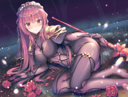 Rule 34 | 1girl, arm support, armor, black capelet, blush, bodysuit, breasts, brown eyes, capelet, commentary request, dutch angle, fate/grand order, fate (series), flower, grass, hair spread out, holding, holding polearm, holding spear, holding weapon, impossible bodysuit, impossible clothes, large breasts, light particles, long hair, looking at viewer, lying, night, no shoes, on side, parted lips, partially submerged, pauldrons, polearm, purple hair, reclining, red flower, ripples, rose, scathach (fate), shirakawako, shoulder armor, solo, spear, tree, veil, water, weapon