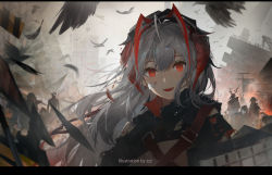 Rule 34 | 1girl, :d, ahoge, alternate hair length, alternate hairstyle, arknights, artist name, bandage on face, bandages, bird, black jacket, blood, building, burning, city, commentary, crownslayer (arknights), demon horns, english commentary, english text, eyelashes, fangs, feathers, fire, frostnova (arknights), grey sky, hair between eyes, highres, horns, injury, jacket, letterboxed, long hair, looking at viewer, multicolored hair, open mouth, outdoors, patriot (arknights), red eyes, red hair, reunion soldier (arknights), ruins, silhouette, silver hair, sky, smile, smoke, solo focus, strap, streaked hair, torn clothes, two-tone hair, upper body, w (arknights), zzz (orchid-dale)