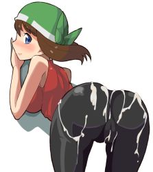Rule 34 | 00s, 1girl, alternate costume, arm support, ass, bad id, bad pixiv id, bandana, bent over, bike shorts, blue eyes, blush, brown hair, cameltoe, creatures (company), cum, cum on ass, cum on body, cum on clothes, cum on lower body, from behind, game freak, hat, latex, looking back, may (pokemon), may (pokemon emerald), momogesomaru, nintendo, pokemon, pokemon rse, simple background, smile, solo, white background