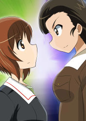 Rule 34 | 2girls, absurdres, black eyes, black hair, blue background, blue jacket, brown eyes, brown hair, chi-hatan military uniform, closed mouth, commentary, faceoff, from side, frown, girls und panzer, girls und panzer saishuushou, green background, green shirt, height difference, highres, jacket, long hair, looking at another, military, military uniform, multiple girls, nishi kinuyo, nishizumi miho, ooarai military uniform, shirt, short hair, smile, straight hair, two-tone background, uniform, wakku kan