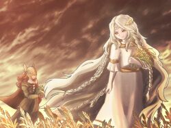 Rule 34 | 1boy, 1girl, armor, blonde hair, braid, brother and sister, brown dress, cape, covered eyes, dress, elden ring, flower, fur collar, gold armor, gold belt, gold diadem, helmet, helmet over eyes, highres, holding, holding flower, holding grass, laurel crown, lily (flower), long hair, looking at viewer, malenia blade of miquella, miqueliafantasia, miquella (elden ring), multiple braids, prosthesis, prosthetic arm, red cape, red hair, red sky, robe, siblings, sky, sunset, twins, very long hair, wheat field, white robe, winged helmet, yellow eyes