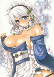 Rule 34 | 1girl, absurdres, adapted costume, apron, bare shoulders, blue eyes, braid, breasts, cleavage, clothes lift, female focus, highres, izayoi sakuya, japanese clothes, kimono, kimono lift, kimono pull, large breasts, long sleeves, looking at viewer, maid headdress, marker (medium), obi, off shoulder, open clothes, open kimono, panties, pantyshot, sash, silver hair, solo, standing, touhou, traditional media, twin braids, underwear, waist apron, white panties, wide sleeves, yurun
