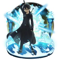 Rule 34 | 1boy, arm up, black coat, black eyes, black footwear, black gloves, black hair, black pants, black shirt, coat, collarbone, faux figurine, fingerless gloves, full body, gloves, hair between eyes, highres, holding, holding sword, holding weapon, kirito, looking at viewer, male focus, official art, pants, parted lips, shirt, short hair, solo, standing, sword, sword art online, sword art online: memory defrag, transparent background, weapon