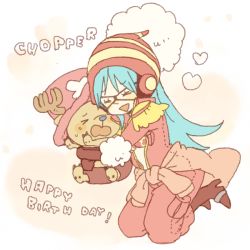 Rule 34 | 1girl, aqua hair, beanie, blue hair, blush, boots, bra, chibi, closed eyes, glasses, goggles, hat, heart, high heels, hug, lingerie, long hair, one piece, open clothes, open shirt, overalls, pink hat, pointy nose, porche (one piece), shirt, shoes, shoulder pads, smile, tony tony chopper, underwear, yukke