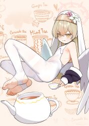 1girl absurdres barefoot blonde_hair blue_archive blush cup feet highres long_hair looking_at_viewer marshal_(artist) nagisa_(blue_archive) parted_lips soles stirrup_legwear teacup teapot toeless_legwear toes wings yellow_eyes