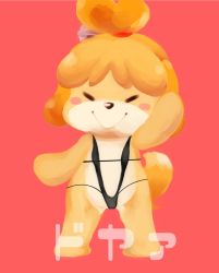 Rule 34 | 1girl, animal crossing, artist request, blonde hair, blush, dog, closed eyes, female focus, full body, furry, furry female, isabelle (animal crossing), long hair, nintendo, ponytail, shizue, simple background, smile, solo, swimsuit