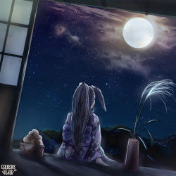 Rule 34 | 1girl, black hair, commentary request, copyright name, feet out of frame, floral print, food, from behind, full moon, japanese clothes, kerberos blade, kimono, long hair, mochi, moon, night, outdoors, ponytail, purple kimono, shimada sarasara, sitting, sky, solo, star (sky), starry sky, tree, yukata