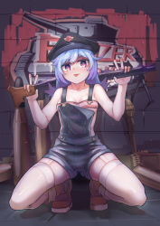 Rule 34 | 1girl, ammunition, ammunition belt, ammunition box, black hat, blue hair, boots, brown footwear, closed mouth, double v, graffiti, gun, hat, holding, holding gun, holding weapon, looking at viewer, machine gun, mg42, military, military hat, original, overall shorts, overalls, purple eyes, rocket, shell casing, shirt, sleeveless, sleeveless shirt, solo, squatting, tank shell, thighhighs, tongue, tongue out, v, weapon, white thighhighs, zhainan s-jun
