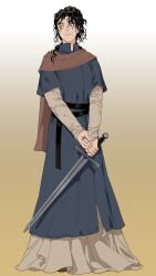 Rule 34 | 1girl, 5altybitter5, black hair, blue robe, brown background, brown cape, cape, closed mouth, dress, gradient background, grey dress, holding, holding sword, holding weapon, jewelry, long hair, long sleeves, multiple rings, original, ring, robe, solo, sword, weapon