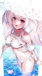 Rule 34 | 1girl, arm at side, bare shoulders, bikini, bow, bow bikini, breasts, cleavage, collarbone, day, detached sleeves, fate/grand order, fate (series), flower, flower on liquid, frilled bikini, frills, garter belt, highres, holding, lady avalon (fate), lady avalon (second ascension) (fate), large breasts, light blush, long hair, looking at viewer, merlin (fate/prototype), navel, nekoyamiyako, ocean, open mouth, parasol, partially submerged, pink flower, red eyes, see-through, smile, solo, stomach, summer, swimsuit, thighs, umbrella, water, white bikini, white bow, white umbrella